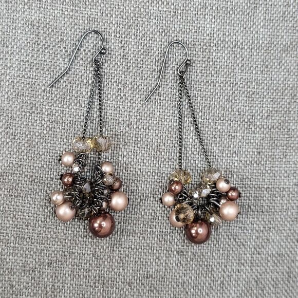 Faux Pearl Cluster Dangle Earrings Faceted Glass Beads Brown Champagne Colors - Picture 4 of 6